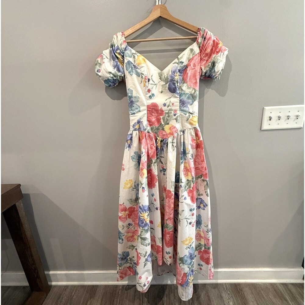 Vintage 80s Dress Floral Puff Sleeve Boned Cottagecore Drop Basque Waist XS/S